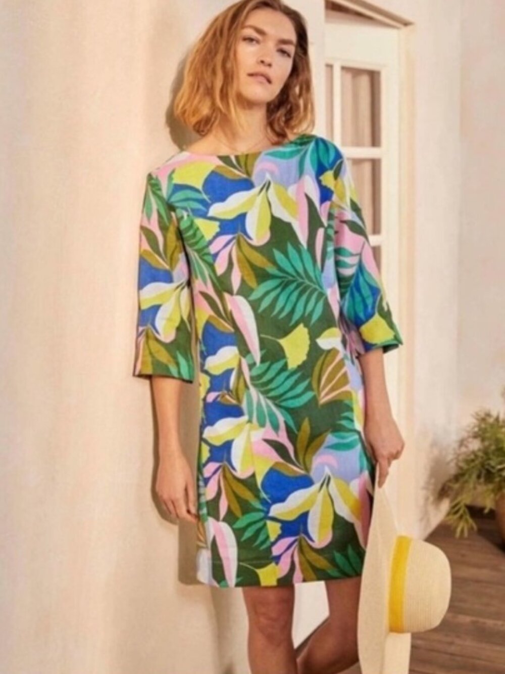 Boden Dress 100% Linen Laurie Mini Dress in Plum Blossom Tropical Sleeves size 2